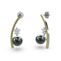 Lenta İnci Küpe - Siyah inci, peridot ve swarovski 8 ayar beyaz altın küpe #jhbsqe