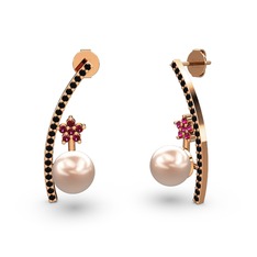 Pembe inci, siyah zirkon ve rodolit garnet 8 ayar rose altın küpe