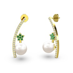 Lenta İnci Küpe - Inci, beyaz zirkon ve yeşil kuvars 18 ayar altın küpe #k0dl10