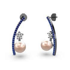 Lenta İnci Küpe - Pembe inci, lab safir ve swarovski 925 ayar siyah rodyum kaplama gümüş küpe #k1ji8t