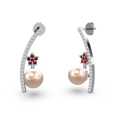 Lenta İnci Küpe - Pembe inci, beyaz zirkon ve garnet 18 ayar beyaz altın küpe #k3oncf