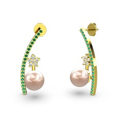 Pembe inci, yeşil kuvars ve beyaz zirkon 14 ayar altın küpe