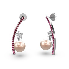 Lenta İnci Küpe - Pembe inci, rodolit garnet ve swarovski 18 ayar beyaz altın küpe #lzobkk