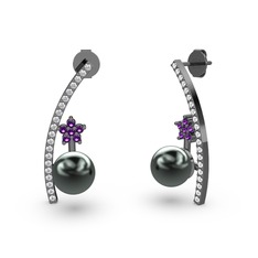 Lenta İnci Küpe - Siyah inci, beyaz zirkon ve ametist 925 ayar siyah rodyum kaplama gümüş küpe #m817zm