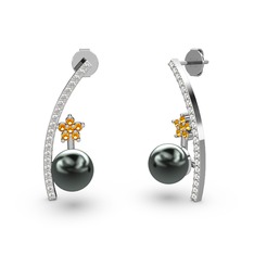Siyah inci, swarovski ve sitrin 18 ayar beyaz altın küpe