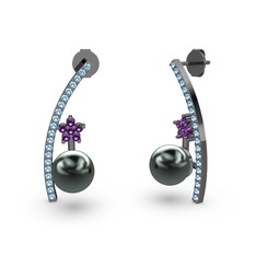 Lenta İnci Küpe - Siyah inci, akuamarin ve ametist 925 ayar siyah rodyum kaplama gümüş küpe #mneoq7