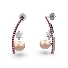 Lenta İnci Küpe - Pembe inci, garnet ve pırlanta 14 ayar beyaz altın küpe (0.44 karat) #mzppda