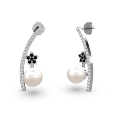 Lenta İnci Küpe - Inci, pırlanta ve siyah zirkon 18 ayar beyaz altın küpe (0.18 karat) #n3kyq