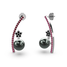 Siyah inci, rodolit garnet ve siyah zirkon 8 ayar beyaz altın küpe