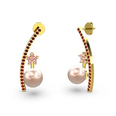 Pembe inci, garnet ve pembe kuvars 18 ayar altın küpe