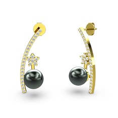 Siyah inci, beyaz zirkon ve swarovski 18 ayar altın küpe