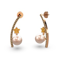 Lenta İnci Küpe - Pembe inci, dumanlı kuvars ve sitrin 14 ayar rose altın küpe #plr5pn