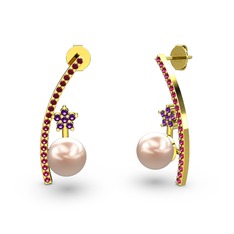 Lenta İnci Küpe - Pembe inci, rodolit garnet ve ametist 925 ayar altın kaplama gümüş küpe #pz23vj