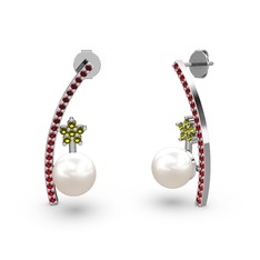 Inci, garnet ve peridot 8 ayar beyaz altın küpe