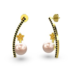 Lenta İnci Küpe - Pembe inci, siyah zirkon ve sitrin 14 ayar altın küpe #qr6vug