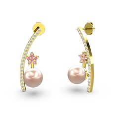 Lenta İnci Küpe - Pembe inci, swarovski ve pembe kuvars 8 ayar altın küpe #qv3tgg