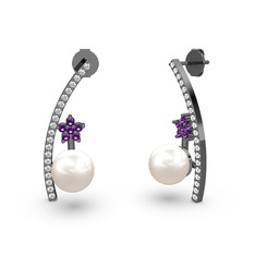 Lenta İnci Küpe - Inci, swarovski ve ametist 925 ayar siyah rodyum kaplama gümüş küpe #r3evrj