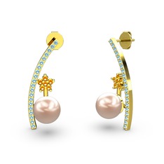 Lenta İnci Küpe - Pembe inci, akuamarin ve sitrin 14 ayar altın küpe #rusjcb