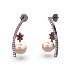 Pembe inci, pembe kuvars ve garnet 925 ayar siyah rodyum kaplama gümüş küpe
