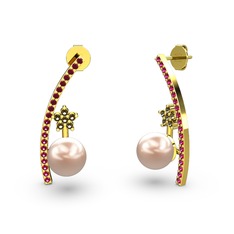 Lenta İnci Küpe - Pembe inci, rodolit garnet ve dumanlı kuvars 18 ayar altın küpe #sb1m99