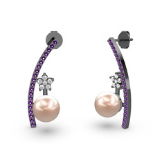 Pembe inci, ametist ve swarovski 925 ayar siyah rodyum kaplama gümüş küpe