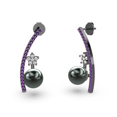 Lenta İnci Küpe - Siyah inci, ametist ve beyaz zirkon 925 ayar siyah rodyum kaplama gümüş küpe #txojna