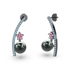 Siyah inci, akuamarin ve pembe kuvars 925 ayar siyah rodyum kaplama gümüş küpe