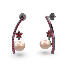 Lenta İnci Küpe - Pembe inci, rodolit garnet ve garnet 925 ayar siyah rodyum kaplama gümüş küpe #ua7eoa