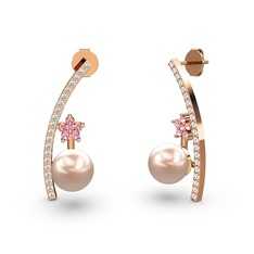 Lenta İnci Küpe - Pembe inci, swarovski ve pembe kuvars 18 ayar rose altın küpe #uj5uxe