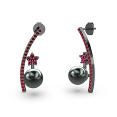 Lenta İnci Küpe - Siyah inci, garnet ve rodolit garnet 925 ayar siyah rodyum kaplama gümüş küpe #v35xqr
