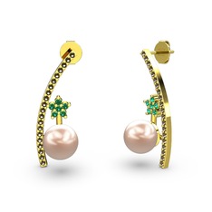 Lenta İnci Küpe - Pembe inci, dumanlı kuvars ve yeşil kuvars 18 ayar altın küpe #v60hez