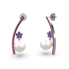 Lenta İnci Küpe - Inci, rodolit garnet ve ametist 8 ayar beyaz altın küpe #vgkrvm