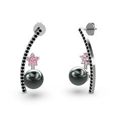 Lenta İnci Küpe - Siyah inci, siyah zirkon ve pembe kuvars 925 ayar gümüş küpe #viitl1