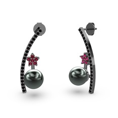 Lenta İnci Küpe - Siyah inci, siyah zirkon ve rodolit garnet 925 ayar siyah rodyum kaplama gümüş küpe #vk6fim