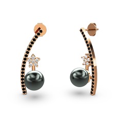 Lenta İnci Küpe - Siyah inci, siyah zirkon ve pırlanta 925 ayar rose altın kaplama gümüş küpe (0.44 karat) #vmt05s