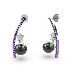 Lenta İnci Küpe - Siyah inci, ametist ve beyaz zirkon 925 ayar gümüş küpe #vnxna2