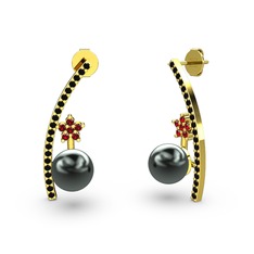 Lenta İnci Küpe - Siyah inci, siyah zirkon ve garnet 18 ayar altın küpe #vorstz