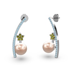 Lenta İnci Küpe - Pembe inci, akuamarin ve peridot 14 ayar beyaz altın küpe #vrsg2z