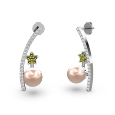 Lenta İnci Küpe - Pembe inci, beyaz zirkon ve peridot 14 ayar beyaz altın küpe #vyvuk6