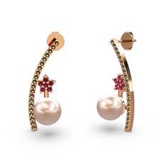 Pembe inci, dumanlı kuvars ve rodolit garnet 18 ayar rose altın küpe