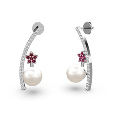 Lenta İnci Küpe - Inci, beyaz zirkon ve rodolit garnet 925 ayar gümüş küpe #wndpou