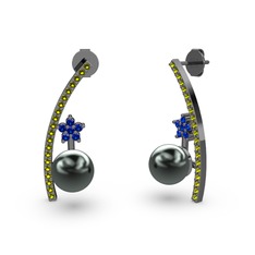 Lenta İnci Küpe - Siyah inci, peridot ve lab safir 925 ayar siyah rodyum kaplama gümüş küpe #xfzhru