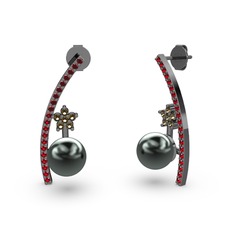 Lenta İnci Küpe - Siyah inci, garnet ve dumanlı kuvars 925 ayar siyah rodyum kaplama gümüş küpe #xgws3x