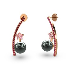 Lenta İnci Küpe - Siyah inci, rodolit garnet ve pembe kuvars 18 ayar rose altın küpe #xj2gc2