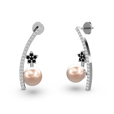 Pembe inci, swarovski ve siyah zirkon 14 ayar beyaz altın küpe