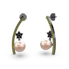 Lenta İnci Küpe - Pembe inci, peridot ve siyah zirkon 925 ayar siyah rodyum kaplama gümüş küpe #xrdf67