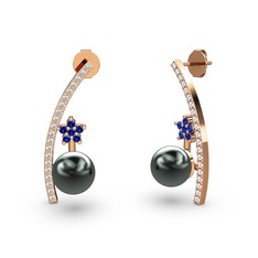 Lenta İnci Küpe - Siyah inci, swarovski ve lab safir 925 ayar rose altın kaplama gümüş küpe #xrn6a5