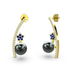 Siyah inci, swarovski ve lab safir 14 ayar altın küpe