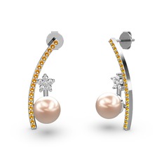 Lenta İnci Küpe - Pembe inci, sitrin ve pırlanta 14 ayar beyaz altın küpe (0.44 karat) #zs9spd