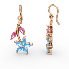 Akuamarin ve pembe kuvars 14 ayar rose altın küpe